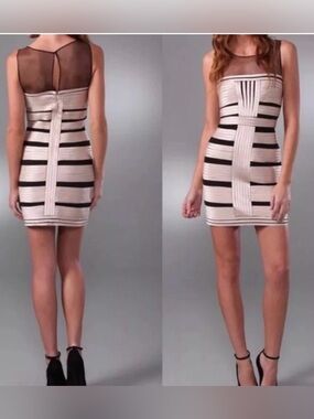 BCBGMaxAzria black and gold striped Sheer-Yoke Bodycon Mini Dress